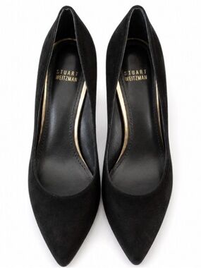 Stuart Weitzman Black Suede Pumps with Leopard Heel – Size 8.5